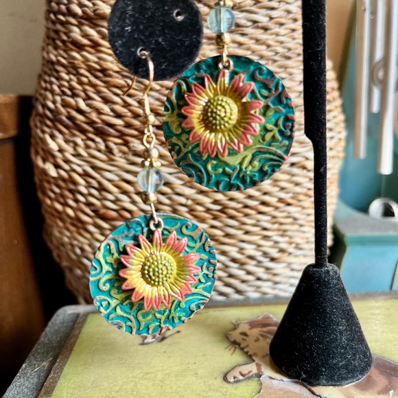 Boho Hand Painted Patina Sunflower Earrings - Bohemian Boho Earrings - OOAK - Picture 4 of 9